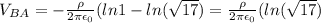 V_{BA}=-\frac{\rho}{2\pi \epsilon_0}(ln 1-ln(\sqrt{17})=\frac{\rho}{2\pi \epsilon_0}(ln(\sqrt{17})