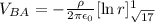 V_{BA}=-\frac{\rho}{2\pi \epsilon_0}[\ln r]^{1}_{\sqrt{17}}