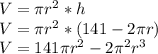 V=\pi r^2*h\\V=\pi r^2*(141-2\pi r)\\V=141\pi r^2-2\pi^2 r^3