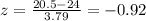 z=\frac{20.5-24}{3.79}= -0.92