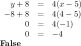 \begin{array}{rcl}y + 8 & = & 4(x - 5)\\-8 + 8 & = & 4(4 - 5)\\0 &=&4(-1)\\0 & = & -4\\\end{array}\\\textbf{False}