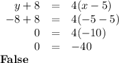 \begin{array}{rcl}y + 8 & = & 4(x - 5)\\-8 + 8 & = & 4(-5 - 5)\\0& = & 4(-10)\\0 & = & -40\\\end{array}\\\textbf{False}