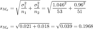 s_{M_d}=\sqrt{\dfrac{\sigma_1^2}{n_1}+\dfrac{\sigma_2^2}{n_2}}=\sqrt{\dfrac{1.046^2}{53}+\dfrac{0.96^2}{51}}\\\\\\s_{M_d}=\sqrt{0.021+0.018}=\sqrt{0.039}=0.1968