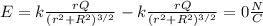 E=k\frac{rQ}{(r^2+R^2)^{3/2}}-k\frac{rQ}{(r^2+R^2)^{3/2}}=0\frac{N}{C}