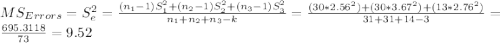 MS_{Errors}= S^2_e= \frac{(n_1-1)S^2_1+(n_2-1)S^2_2+(n_3-1)S^2_3}{n_1+n_2+n_3-k}= \frac{(30*2.56^2)+(30*3.67^2)+(13*2.76^2)}{31+31+14-3} = \frac{695.3118}{73}= 9.52