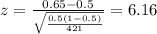 z=\frac{0.65 -0.5}{\sqrt{\frac{0.5(1-0.5)}{421}}}=6.16