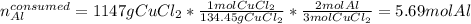 n_{Al}^{consumed}=1147gCuCl_2*\frac{1molCuCl_2}{134.45gCuCl_2}*\frac{2molAl}{3molCuCl_2}  =5.69molAl