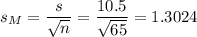 s_M=\dfrac{s}{\sqrt{n}}=\dfrac{10.5}{\sqrt{65}}=1.3024