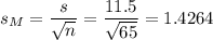 s_M=\dfrac{s}{\sqrt{n}}=\dfrac{11.5}{\sqrt{65}}=1.4264