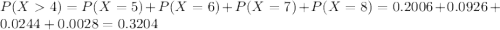 P(X  4) = P(X = 5) + P(X = 6) + P(X = 7) + P(X = 8) = 0.2006 + 0.0926 + 0.0244 + 0.0028 = 0.3204