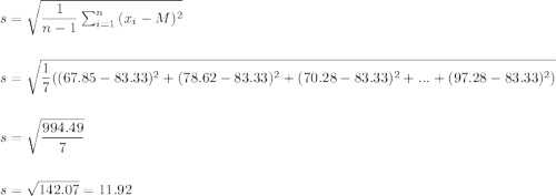 s=\sqrt{\dfrac{1}{n-1}\sum_{i=1}^n\,(x_i-M)^2}\\\\\\s=\sqrt{\dfrac{1}{7}((67.85-83.33)^2+(78.62-83.33)^2+(70.28-83.33)^2+. . . +(97.28-83.33)^2)}\\\\\\s=\sqrt{\dfrac{994.49}{7}}\\\\\\s=\sqrt{142.07}=11.92\\\\\\