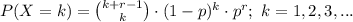 P(X=k)={{k+r-1}\choose k}\cdot (1-p)^{k}\cdot p^{r};\ k=1,2,3,...