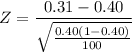 $ Z =  \frac{0.31 - 0.40}{ \sqrt{\frac{0.40(1-0.40)}{100} }}  $