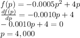 f(p) = -0.0005p^2 + 4p\\\frac{df(p)}{dp}=-0.0010p+4\\-0.0010p+4 =0\\p=4,000
