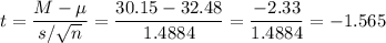 t=\dfrac{M-\mu}{s/\sqrt{n}}=\dfrac{30.15-32.48}{1.4884}=\dfrac{-2.33}{1.4884}=-1.565