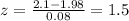 z= \frac{2.1-1.98}{0.08}= 1.5