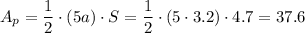 A_p=\dfrac{1}{2}\cdot (5a)\cdot S=\dfrac{1}{2}\cdot (5\cdot3.2)\cdot 4.7=37.6