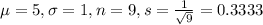 \mu = 5, \sigma = 1, n = 9, s = \frac{1}{\sqrt{9}} = 0.3333
