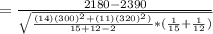 = \frac{2180 - 2390}{\sqrt{\frac{(14)(300)^2 + (11)(320)^2)}{15 +12 - 2} * (\frac{1}{15} + \frac{1}{12})}}