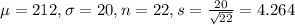 \mu = 212, \sigma = 20, n = 22, s = \frac{20}{\sqrt{22}} = 4.264