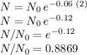 N=N_0\,e^{-0.06\,\,(2)}\\N=N_0\,e^{-0.12}\\N/N_0=e^{-0.12}\\N/N_0=0.8869