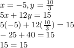 x=-5, y=\frac{10}{3} \\5x+12y=15\\5(-5)+12 (\frac{10}{3})=15\\ -25+40=15\\15=15