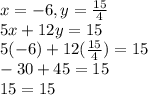 x=-6,y=\frac{15}{4} \\5x+12y=15\\5(-6)+12(\frac{15}{4})=15\\ -30+45=15\\15=15