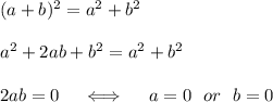 (a+b)^2=a^2+b^2\\\\a^2+2ab+b^2=a^2+b^2\\\\2ab=0\quad\iff\quad a=0\ \ or\ \ b=0