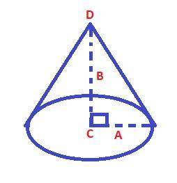 Which label on the cone below represents the center of the base? A cone, A is the radius, B is the h
