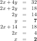 \begin{array}{rcr}2x + 4y  & = & 32\\2x + 2y & = & 18\\2y & = & 14\\y & = & \mathbf{7}\\2x + 14 & = & 18\\2x & = &4\\x & = & \mathbf{2}\\\end{array}\\