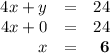 \begin{array}{rcr}4x + y & = & 24\\4x + 0  & = & 24\\x & = & \mathbf{6}\\\end{array}