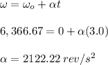 \small \omega =\omega _{o}+\alpha t \\\\\ 6,366.67 = 0 + \alpha (3.0) \\\\ \alpha =2122.22\: rev/s^{2}