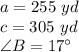 a =255\ yd\\c = 305\ yd\\\angle B =17^\circ