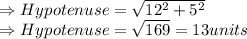 \Rightarrow Hypotenuse=\sqrt{12^2+5^2}\\\Rightarrow Hypotenuse=\sqrt{169} = 13 units