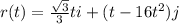 r(t) = \frac{\sqrt{3} }{3}t i +(t-16t^{2} )j \\