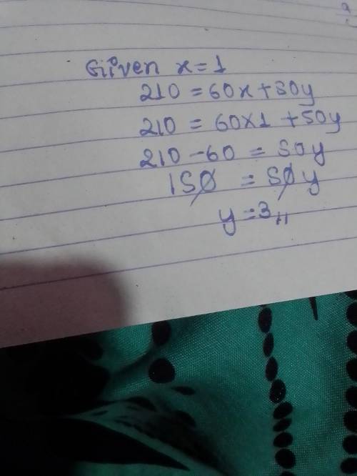 Pls solve this question. (If its right will give brainliest) X is 1 SOLVE FOR Y 210=60x+50y