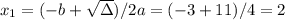 x_1 = (-b + \sqrt{\Delta})/2a = (-3 + 11)/4 = 2