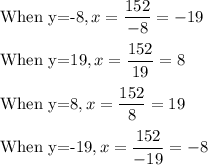 \text{When y=-8},x=\dfrac{152}{-8}=-19\\\\\text{When y=19},x=\dfrac{152}{19}=8\\\\\text{When y=8},x=\dfrac{152}{8}=19\\\\\text{When y=-19},x=\dfrac{152}{-19}=-8