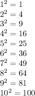 1^{2}  = 1\\2^{2}  = 4\\3^{2}  = 9\\4^{2}  = 16\\5^{2}  = 25\\6^{2}  = 36\\7^{2}  = 49\\8^{2}  = 64\\9^{2}  = 81\\10^{2}  = 100
