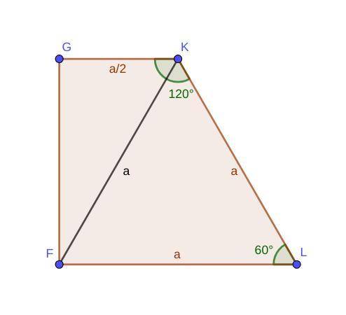 Given: FGKL is a trapezoid, m∠F=90°, m∠K=120°, FK=LK=a Find: The length of midsegment.