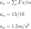 a_x = \sum Fx/m\\\\a_x = 15/10\\\\a_x = 1.5m/s^2