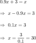 0.9x+3=x\\\\\Rightarrow\ x-0.9x=3\\\\\Rightarrow\ 0.1x=3\\\\\Rightarrow\ x=\dfrac{3}{0.1}=30