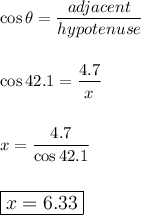 \cos \theta = \dfrac{adjacent}{hypotenuse}\quad \\\\\\\cos 42.1=\dfrac{4.7}{x}\\\\\\x=\dfrac{4.7}{\cos 42.1}\\\\\\\large\boxed{x=6.33}\\