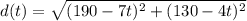 d(t)=\sqrt{(190-7t)^2+(130-4t)^2}\\