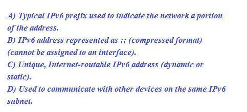Unspecified a. typical IPv6 prefix used to indicate the network portion of the address. /64 b. IPv6