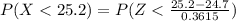 P(X  <  25.2) =  P(Z<   \frac{ 25.2 -  24.7 }{0.3615}  )