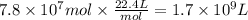 7.8 \times 10^{7}mol \times \frac{22.4L}{mol} = 1.7 \times 10^{9}L