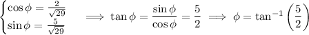 \begin{cases}\cos\phi=\frac2{\sqrt{29}}\\\sin\phi=\frac5{\sqrt{29}}\end{cases}\implies\tan\phi=\dfrac{\sin\phi}{\cos\phi}=\dfrac52\implies\phi=\tan^{-1}\left(\dfrac52\right)