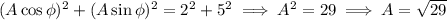 (A\cos\phi)^2+(A\sin\phi)^2=2^2+5^2\implies A^2=29\implies A=\sqrt{29}