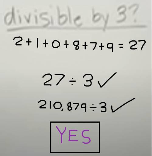 Is 210879 divisible by 3?
PLEASE HELPP